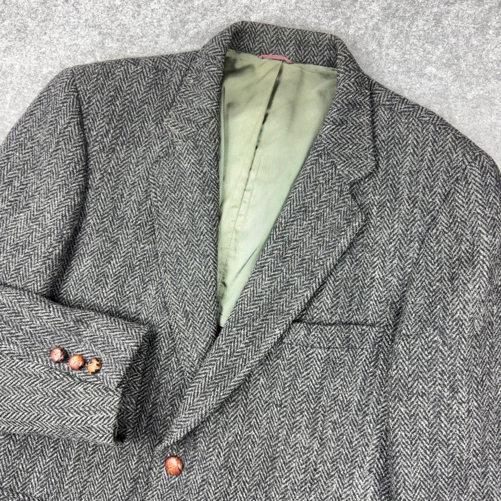 VTG Harris Tweed Blazer Mens 40 Gray Herringbone Wool Sport Coat Leather Buttons